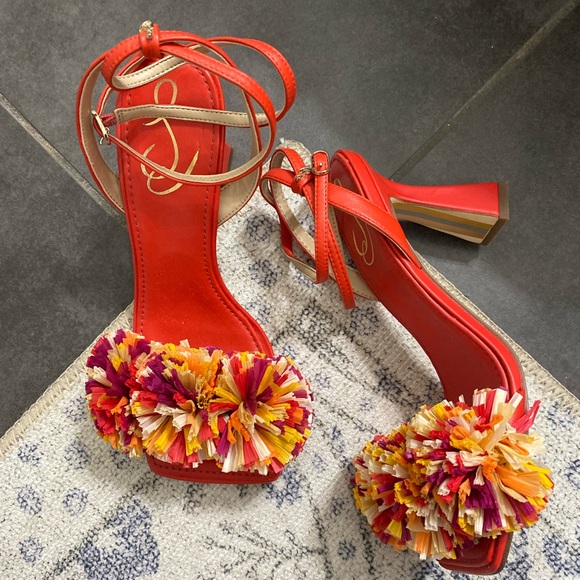 Sam Edelman Shoes - Sam Edelman Red Ankle-Strap Heels with Multicolor Pom Accents